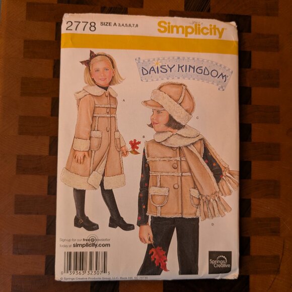 Simplicity 2778 - Uncut - Daisy Kingdom - Sizes 3-8 - Coat Vest Scarf and Hat - Picture 1 of 3